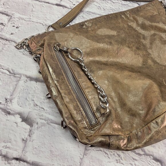 Michael Kors Designer Shoulder Bag Metallic Taupe Leather w/ Chain Accent - Picture 6 of 14